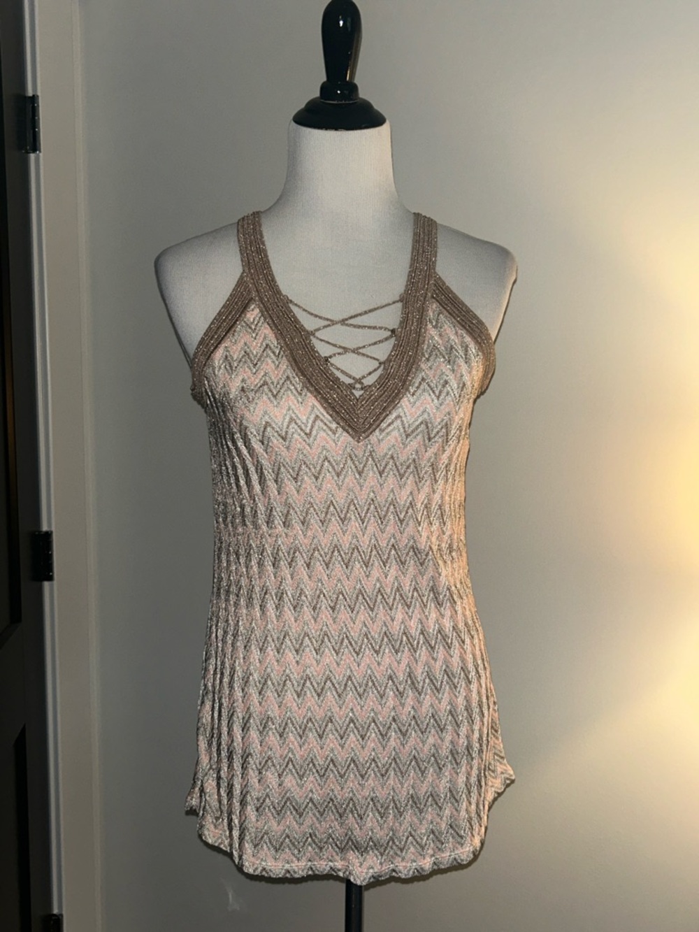 WHBM M Chevron Patterned Beige and Pink shimmer halter Top